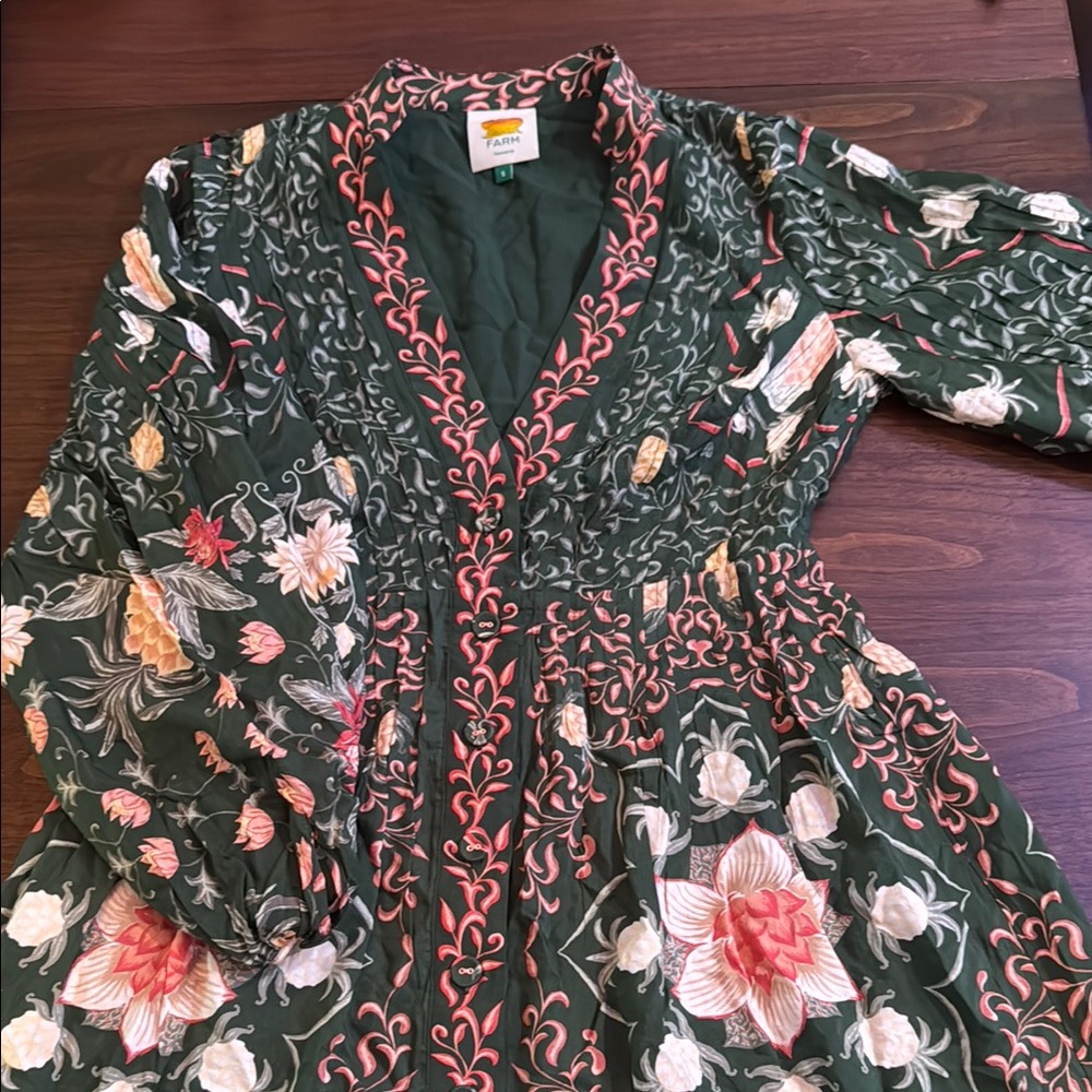 FARM Rio Green Dress with Pink Floral Accents